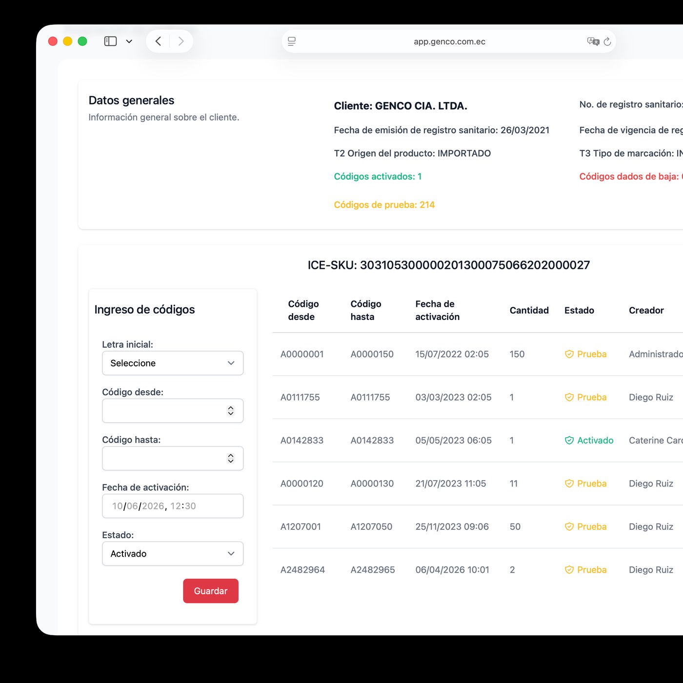 Panel de la plataforma GENCO Trace con el detalle de códigos CFS activados