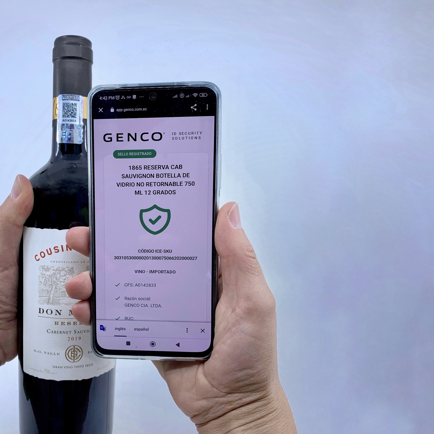 Verificación del sello CFS en app.genco.com.ec, mostrando el sello registrado y el código ICE-SKU