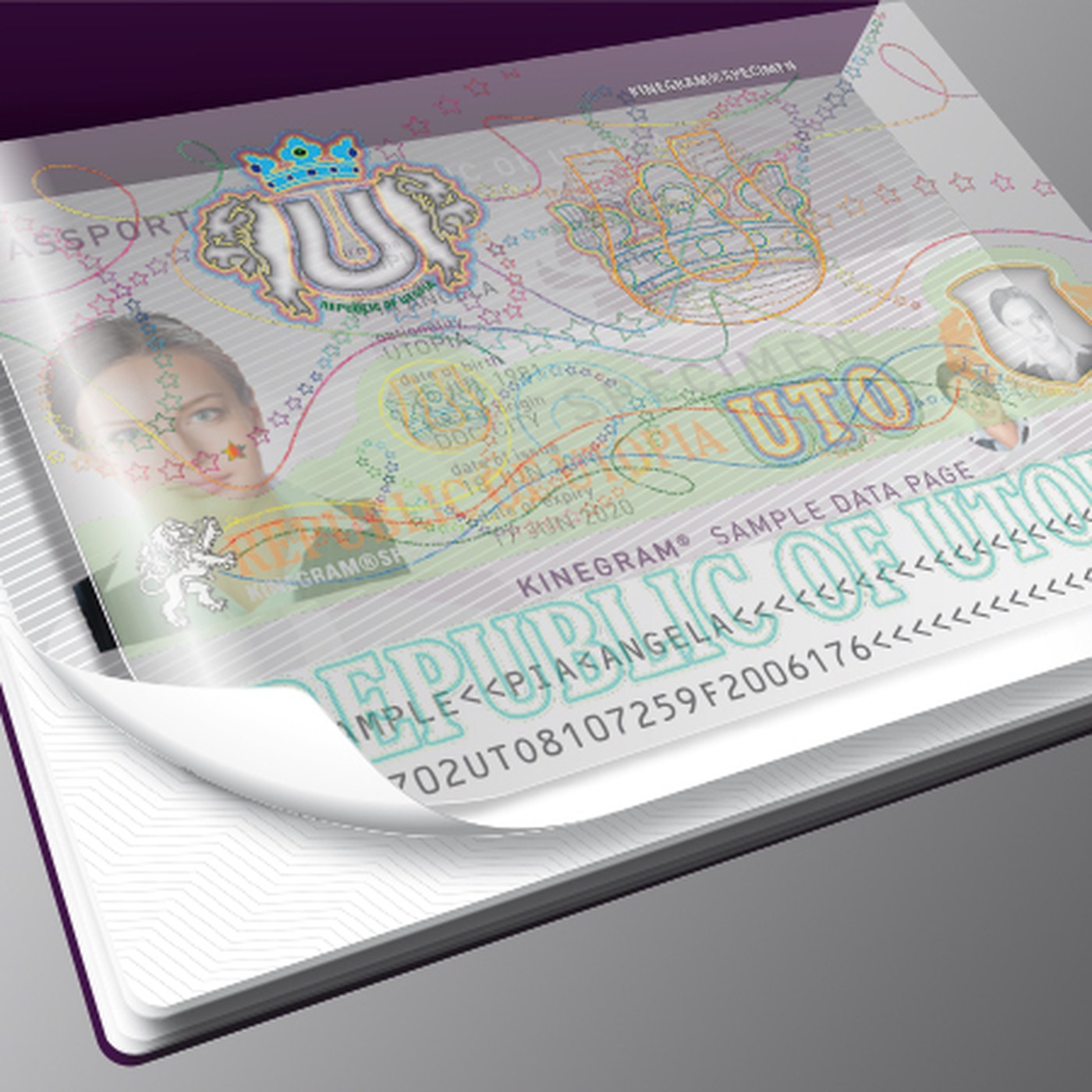 Pasaporte de muestra con dispositivo de imagen difractiva ópticamente variable (DOVID) y kinegram de seguridad