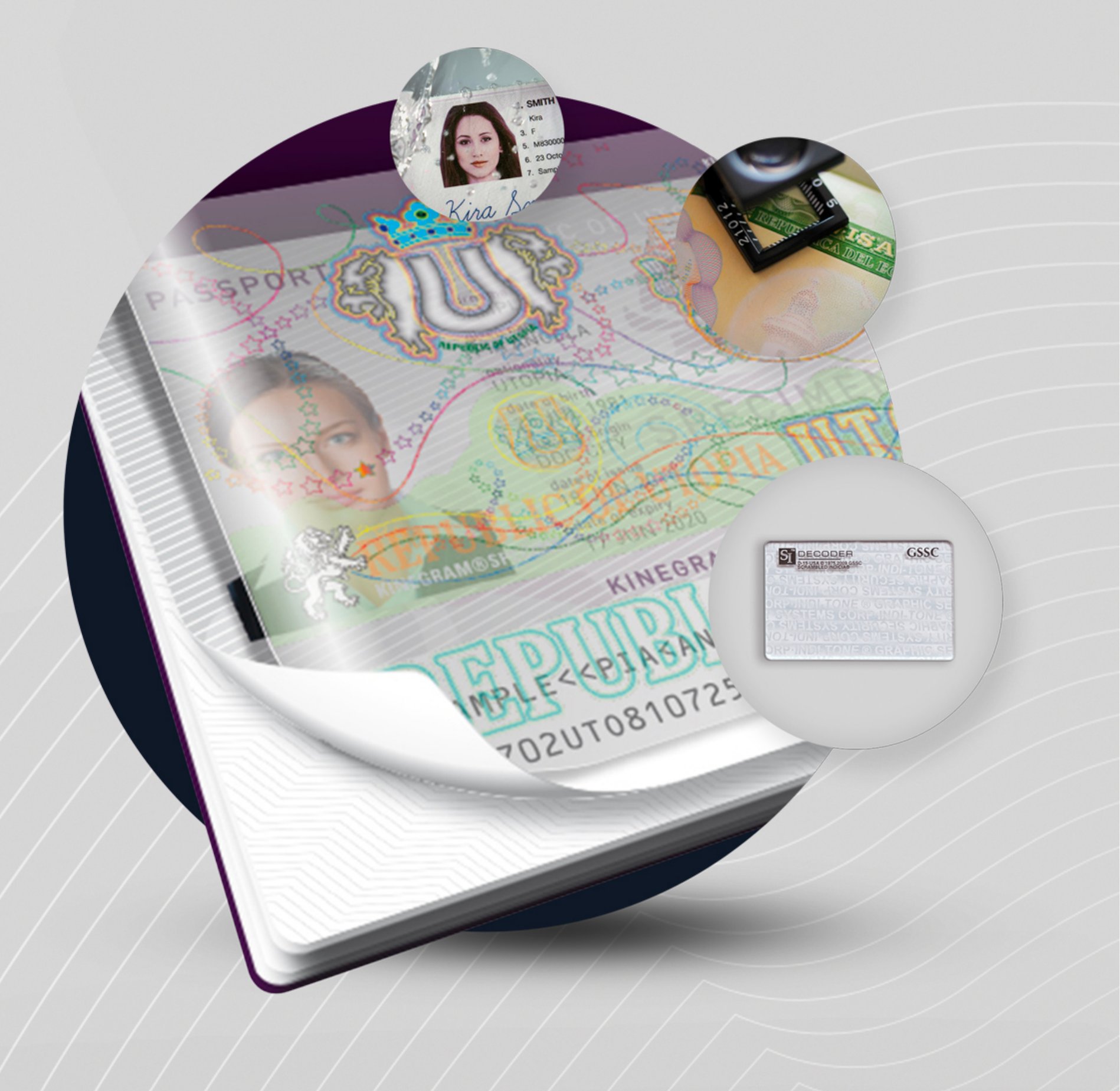 Pasaporte de muestra con dispositivos de seguridad DOVID, impresión intaglio, imágenes ocultas y papel de seguridad